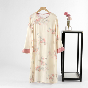 国风长袖睡裙春秋纯棉新中式睡衣女夏季薄款连衣裙2026新款家居服