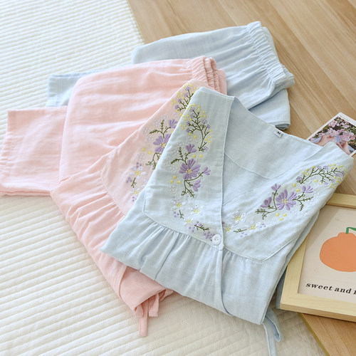和服睡衣女春秋纯棉纱布长袖套装