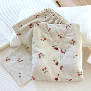 带胸垫睡衣女春秋纯棉纱布2026新款 100全棉家居服 夏防凸点V领套装