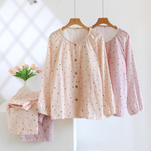 带胸垫睡衣女纯棉纱布春秋2026新款 防凸点100%全棉家居服 夏天长袖