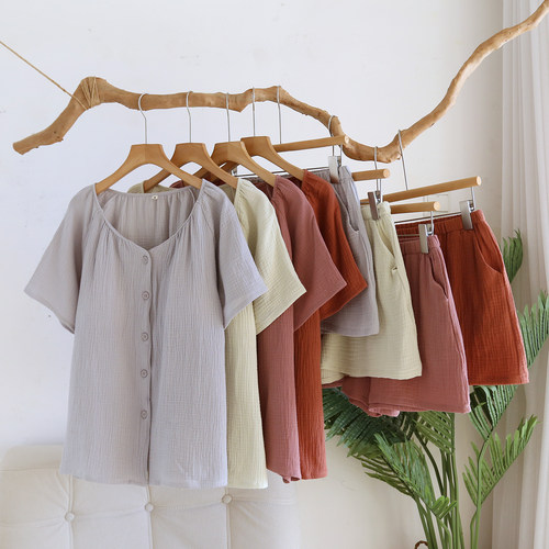 夏季睡衣女短袖短裤纯棉双层纱布2026新款夏天圆领100%全棉家居服