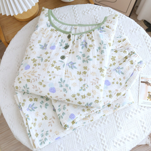 圆领睡衣女春秋纯棉纱布长袖套装套头2026新款夏季宽松碎花家居服