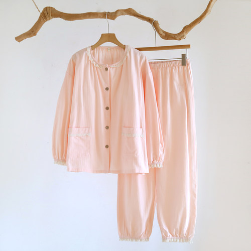 带胸垫睡衣女春秋纯棉纱布2026新款防凸点圆领收脚100全棉家居服