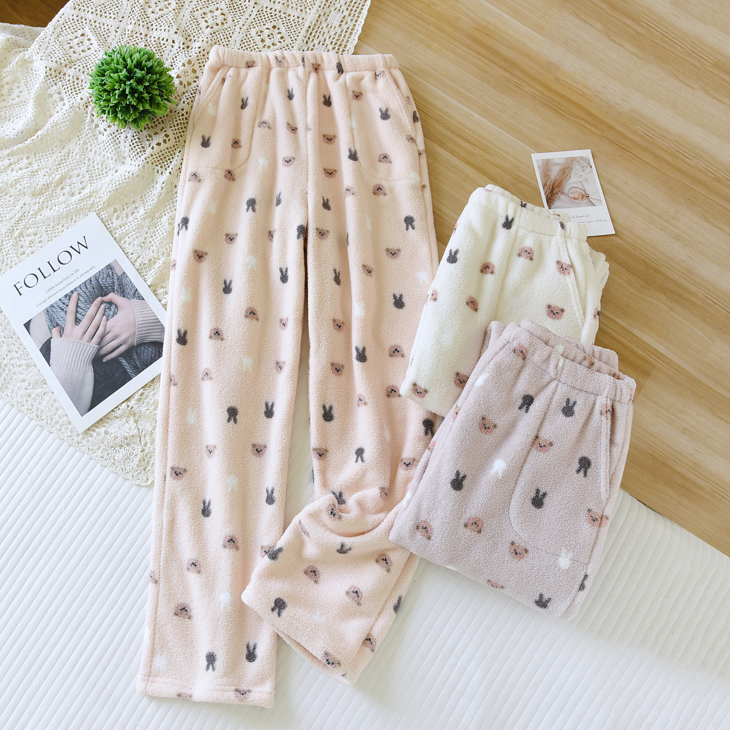 珊瑚绒睡裤女冬季直筒长裤保暖带口袋加绒加厚2025新款大码家居裤