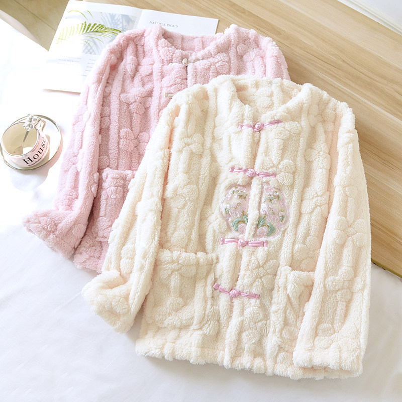 珊瑚绒睡衣上衣单件女秋冬季加绒加厚国风开衫2025新款大码家居服