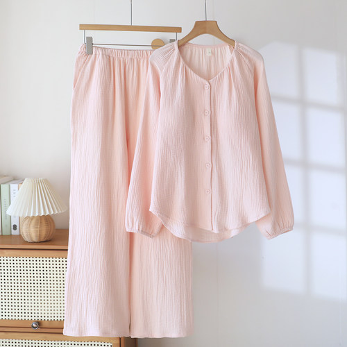 带胸垫睡衣女纯棉纱布春秋粉色2026新款薄夏天长袖100%全棉家居服