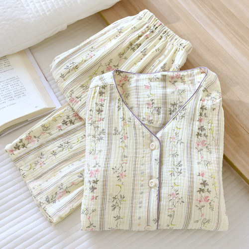 带胸垫睡衣女纯棉纱布春秋V领2026新款薄夏天长袖100%全棉家居服