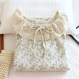 套头100%全棉家居裙 纯棉双层纱布2026新款 碎花睡裙女长袖 睡衣夏季