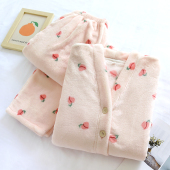 冬季 法兰绒家居服 粉色2025新款 睡衣女珊瑚绒加绒加厚v领长袖 套装