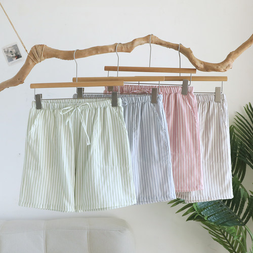 纯棉纱布睡裤女夏季短裤薄款条纹五分沙滩2026新款100%全棉家居裤