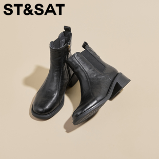 星期六英伦风皮带扣马丁靴女2026春季新款黑色短筒靴舒适粗跟