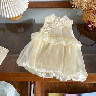 新品 现货 XQ262595儿童连衣裙2026夏季 盘扣旗袍花苞裙女 新中式