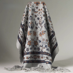 克什米尔奢级订单秋冬高级双面印花纯山羊绒厚款围巾保暖外搭披肩