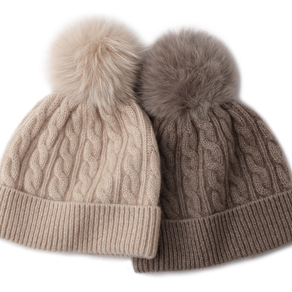 100%羊绒女士高端狐狸毛球针织帽