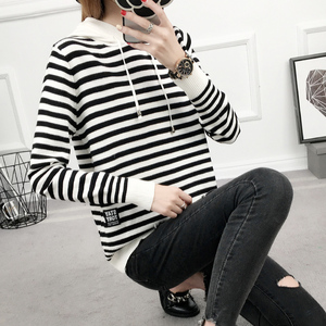 连帽针织衫毛衣女2019新款春装宽松帽子衫百搭条纹套头卫衣女外穿