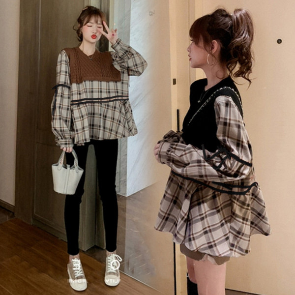 임산부 가을 의류 세트는 패셔너블하고 패셔너블하며 작은 격자 무늬 탑 봄 가을 베이비돌 셔츠 가을 투피스 세트입니다