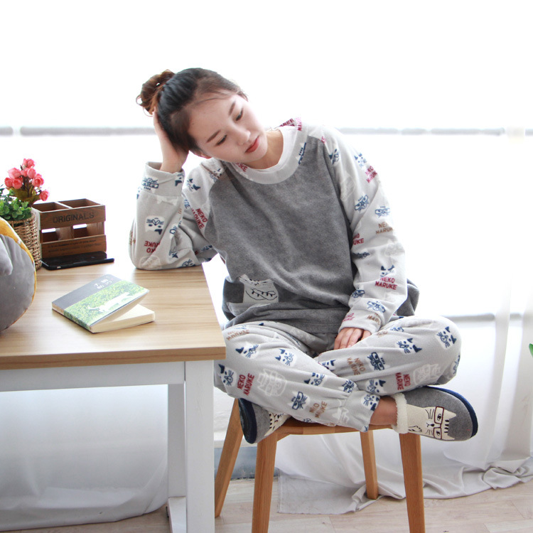 日本可爱猫咪加绒加厚套装款睡衣