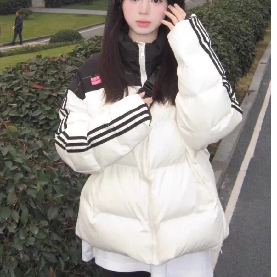 美式复古白色字母拼接棉服女2024新款冬季羽绒服加厚保暖外套棉袄