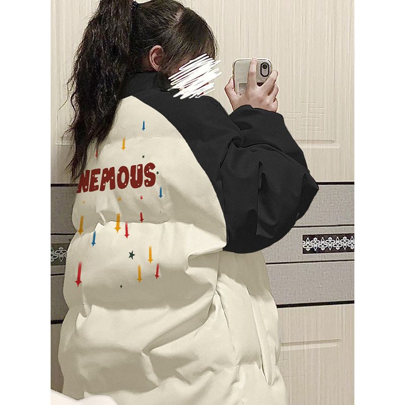 美式小众黑白插肩拼色立领棉服女2024冬季新款宽松加厚面包服外套