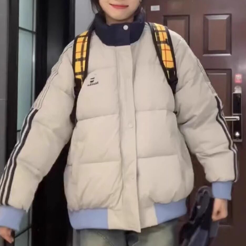 小个子羽绒棉服外套女冬季新款条纹棉衣加厚高级感超好看情侣棉袄