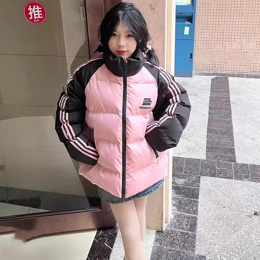 设计感拼接三条杠立领棉衣棉服女冬季宽松慵懒风BF加厚面包服外套