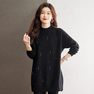 高端钉珠毛衣裙女中长款打底衫宽松大码女装200斤胖妹妹针织衫厚