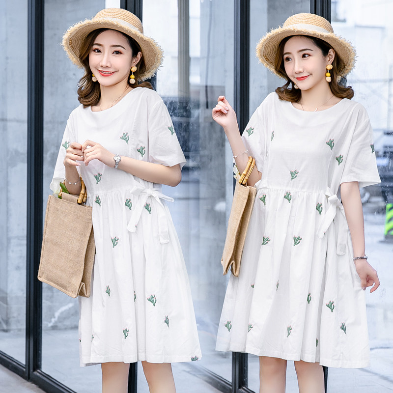 孕妇连衣裙夏装2019新款中长款系带仙人掌刺绣圆领孕妇装夏天裙子|ruв категории Женская одежда, платье - от Buy2taobao.com для оказания профессиональной услуги покупки агента Taobao