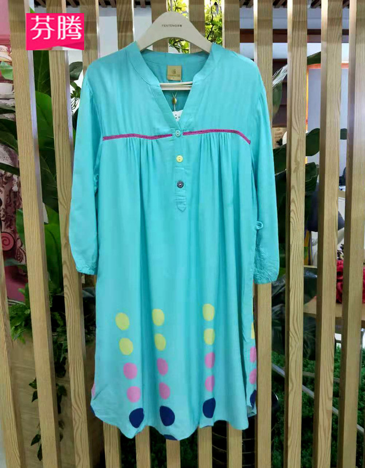 芬腾竹纤维睡裙女夏长袖中裙性感春秋家居服女中袖大码睡衣女夏裙图片