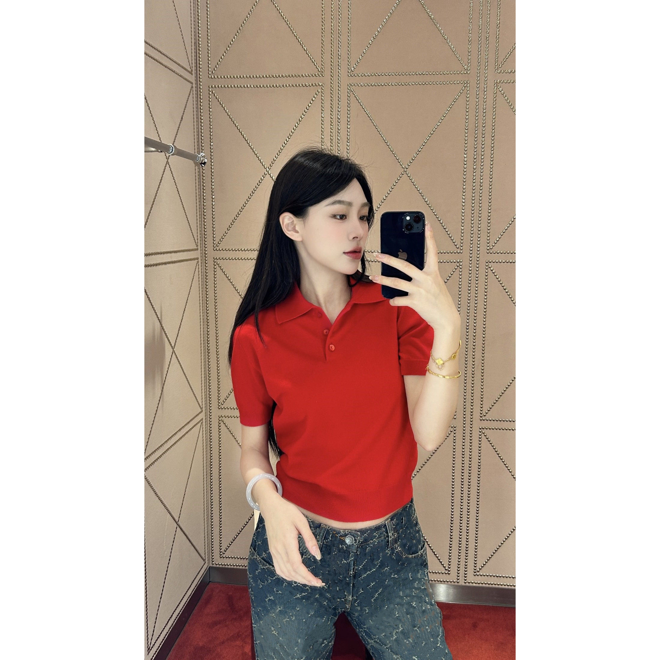 深圳南油高端女装红色POLO领羊毛短袖针织衫字母百搭套头上衣薄款