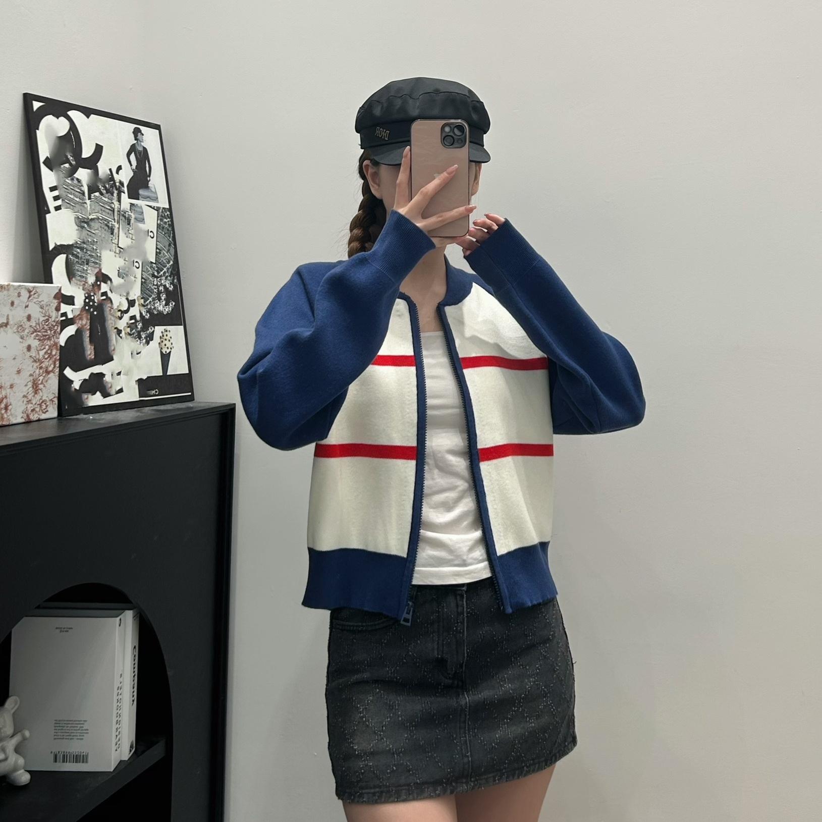 南油高品质开衫毛衣女2025新款秋冬后背字母撞色拉链针织衫外套女
