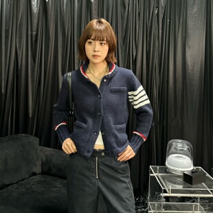 学院风四道杠针织开衫女深蓝色羊绒羊毛混纺彩点粗针厚款毛衣外套