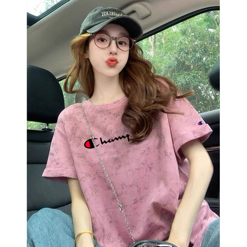 宽松纯棉圆领正肩扎染短袖t恤女