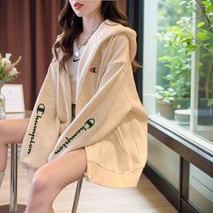 日版冠军外套女2025新款爆款高级感宽松纯棉拉链开衫连帽情侣卫衣