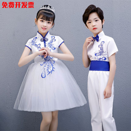 新款六一儿童青花瓷表演服男女童幼儿园舞蹈朗诵合唱服纱裙中国风