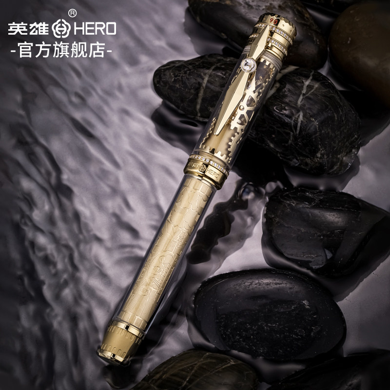 HERO/英雄官方旗舰店钢笔H90英雄18K透明树脂金套杆金零件金笔90周年纪念款尊享款送礼收藏明尖金笔
