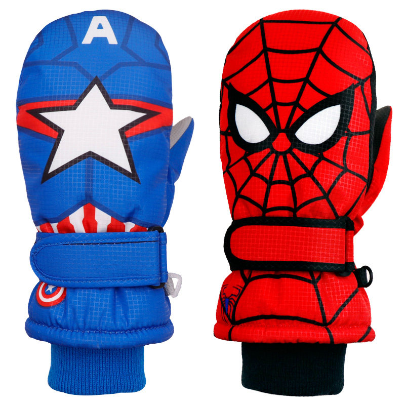 蜘蛛侠宝宝卡通男童宝宝冬季保暖滑雪儿童手套秋冬学生玩雪防水棉