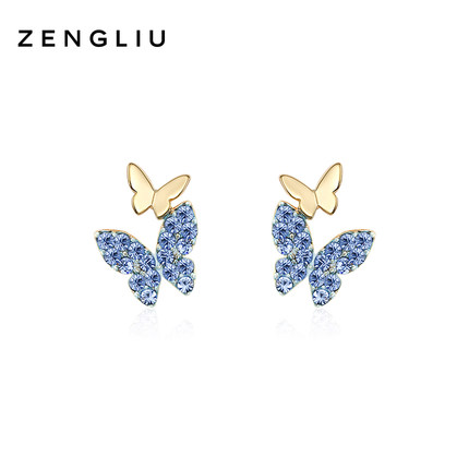 ZEGL蓝色蝴蝶耳钉女小巧精致耳环小众设计感高级925银针春天耳饰