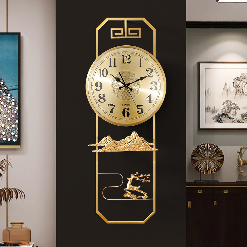 新中式黄铜挂钟电波机芯家用客厅中国风钟简约静音创意艺术石英钟