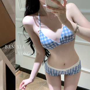 清新格子性感比基尼套装 小胸聚拢辣妹分体泳衣度假泡温泉 2025新款