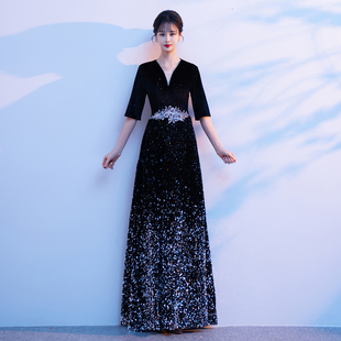 黑色大合唱服演出服女长裙新款 主持比赛表演晚礼服 合唱团舞台服装