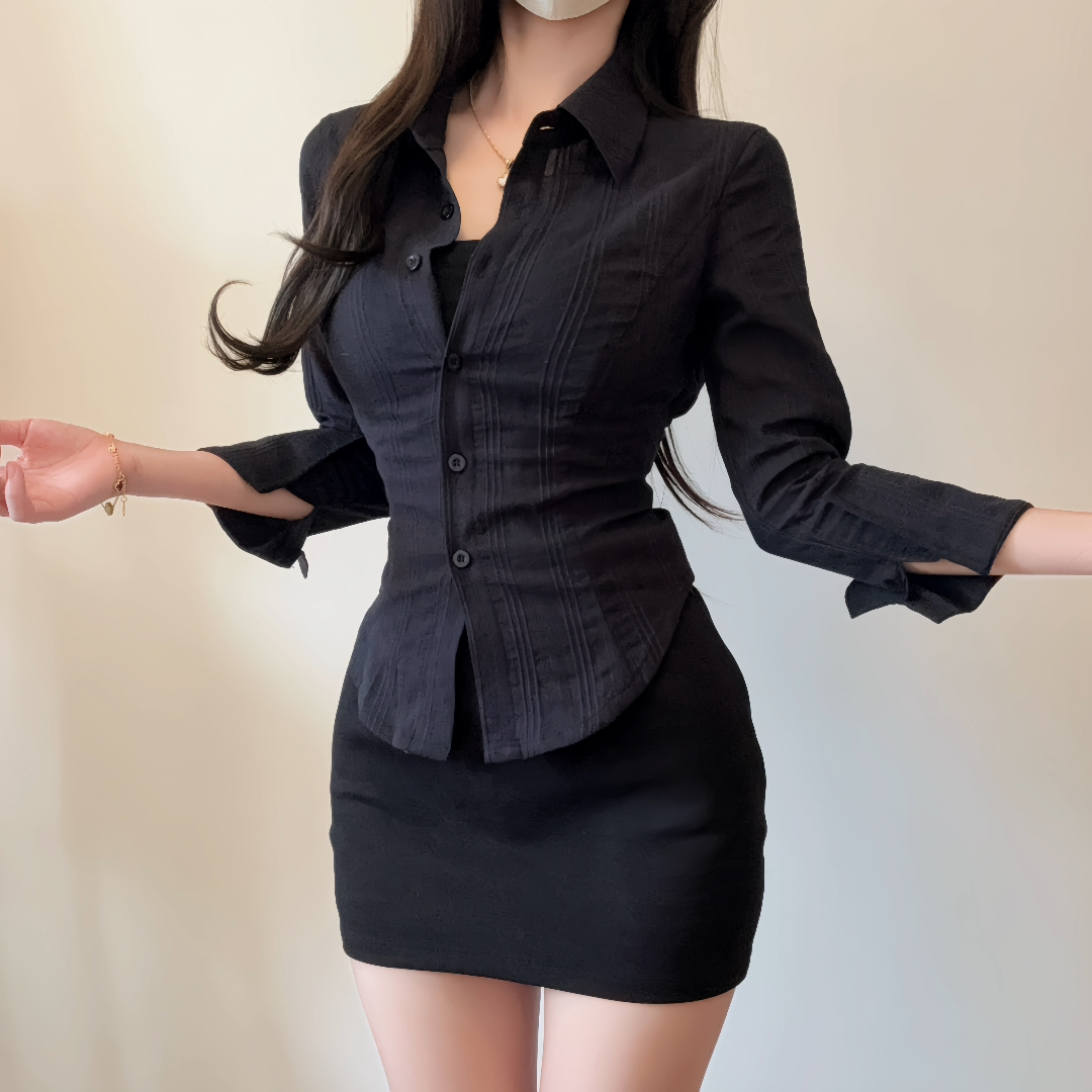 IQCQ黑色长袖绑带衬衫包臀裙套装