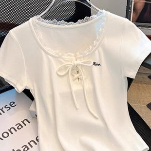 t恤女夏季 小个子甜辣妹性感方领短袖 蕾丝花边设计感独特甜美上衣