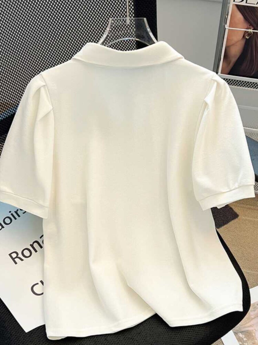 폴로 칼라 오른쪽 어깨 퍼프 슬리브 티셔츠 여성 반팔 2024 뉴 여름 틈새 옷깃 슬림 짧은 탑