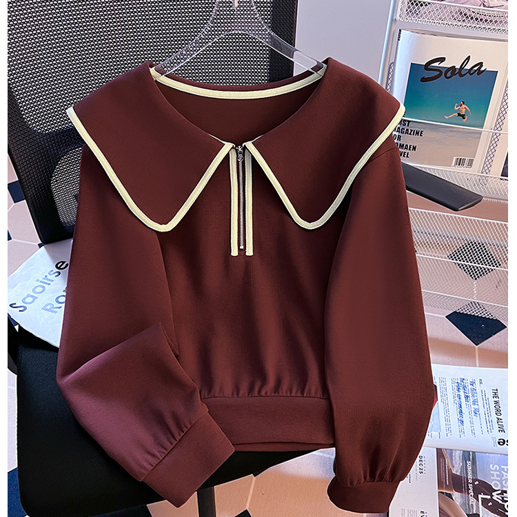 酒红色半拉链短款卫衣女春秋季小个子宽松长袖套头娃娃领上衣外套