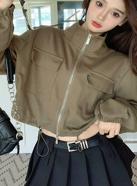 美式辣妹双拉链立领短款外套女春秋抽绳收腰露脐宽松工装夹克上衣