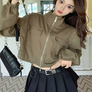 美式辣妹双拉链立领短款外套女春秋抽绳收腰露脐宽松工装夹克上衣