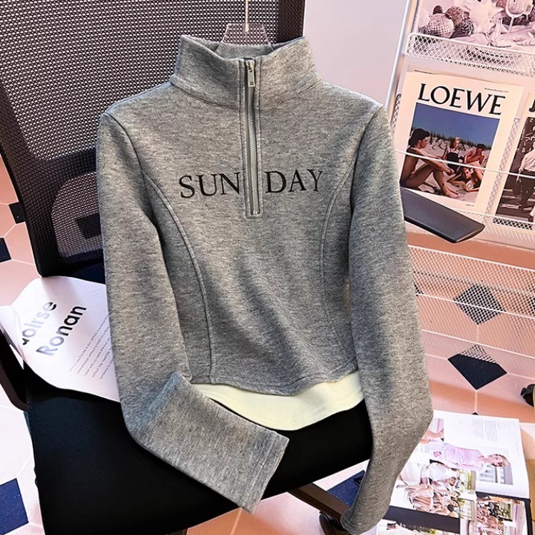 半拉链立领卫衣女春秋2024新款修身短款小个子上衣假两件长袖t恤