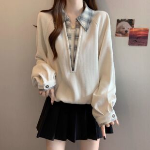 爆款 卫衣女秋装 胖MM遮肉显瘦休闲百搭上衣 假两件拼接翻领长袖 大码