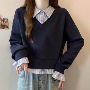 学院风Polo领上衣 胖mm显瘦短款 假两件拼接正肩长袖 卫衣女秋冬大码