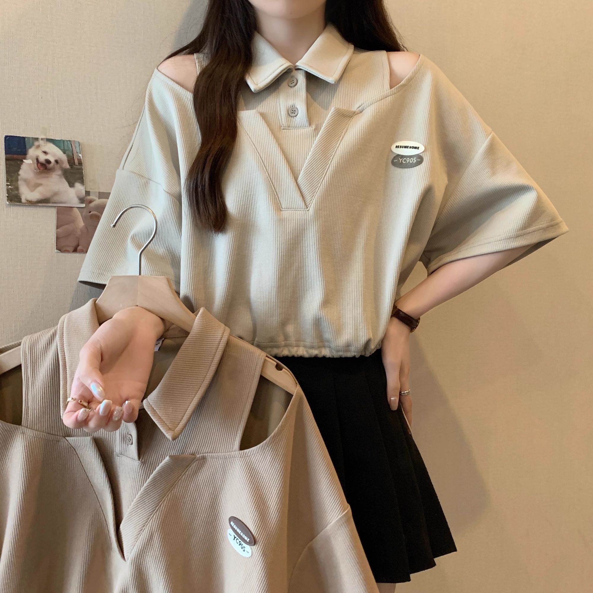 设计感露肩抽绳假两件上衣女夏季大码胖妹妹气质减龄宽松显瘦T恤